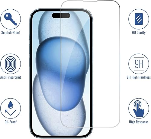 Miniatura 2 de NEEPART Paquete de 4 protectores de pantalla de vidrio templado para iPhone 15 Plus 6.7 pulgadas, protección de sensor, compatible con isla