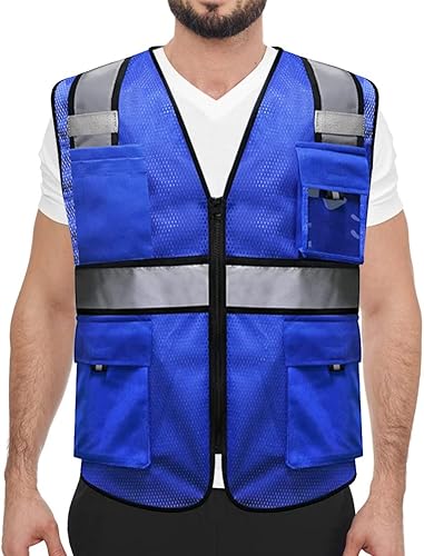 Miniatura 1 de HYCOPROT Chalecos de seguridad reflectantes de malla de alta visibilidad con bolsillos y cremallera, cumple con las normas ANSIISEA