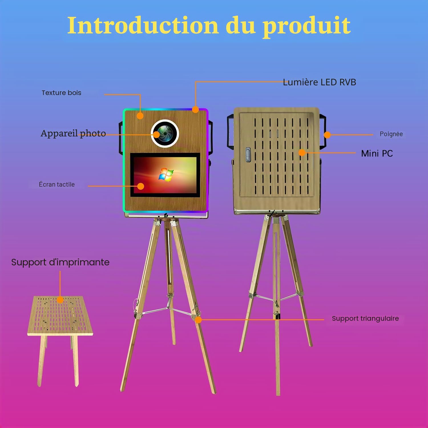 Appareil photo portable avec écran tactile de 39,6 cm (15,6 pouces), cabine photo à selfie, appareil photo reflex numérique pour mariages, fêtes, événements, (grain de bois, avec imprimante)