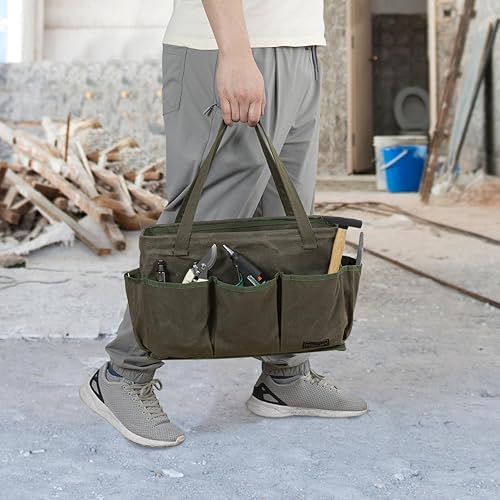 Miniatura 5 de Bolsa de herramientas con marco de metal, lona encerada, amplia y abierta, con 9 bolsillos externos, 15.5 x 7.5 x 10.5 pulgadas (verde militar)