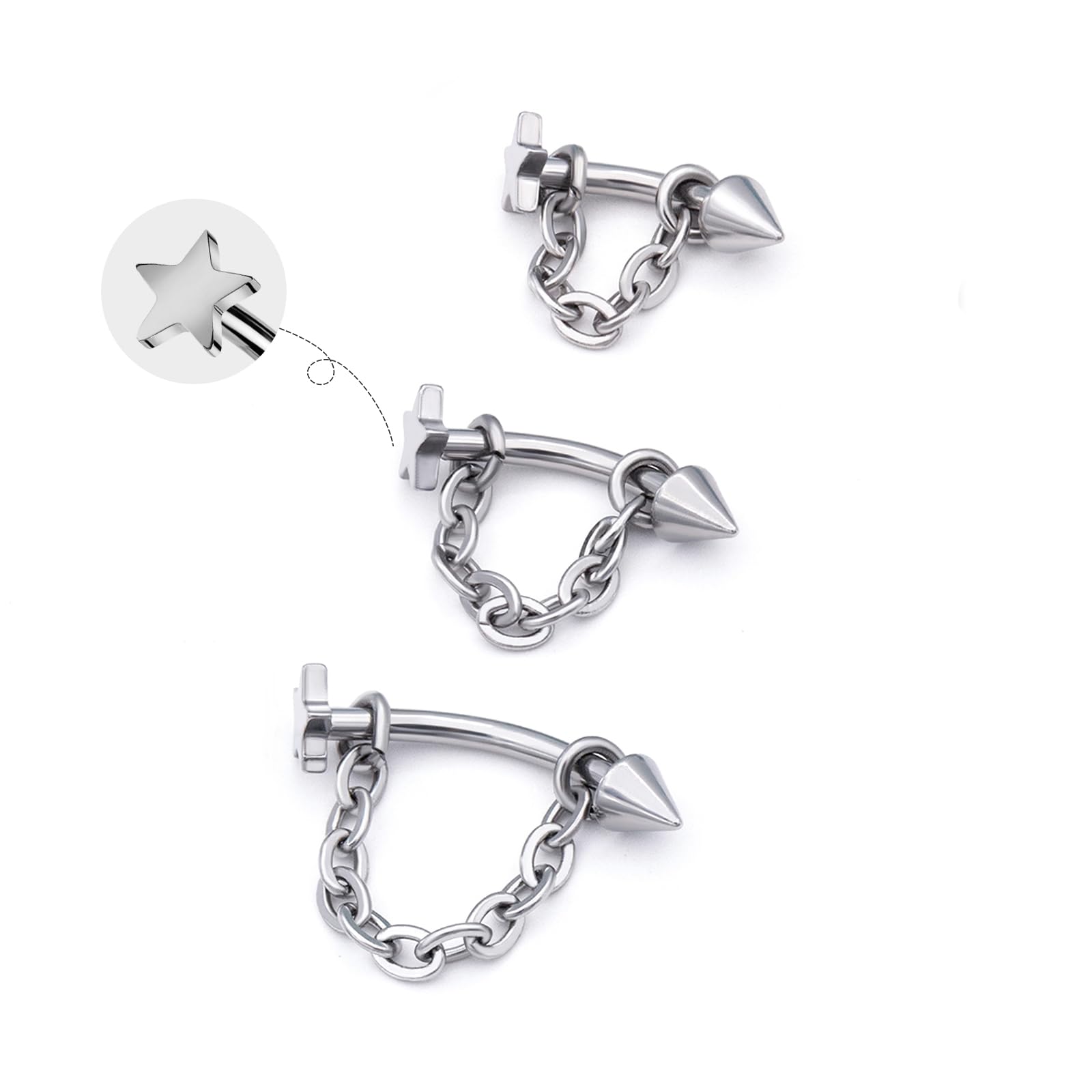 3 Pcs 316L Stainless Steel 16G Tragus Helix Rook Piercing Jewelry with Chain, Cartilage Earrings for Women, Belly Button Ring Vertical Labret Lip Piercing Jewelry