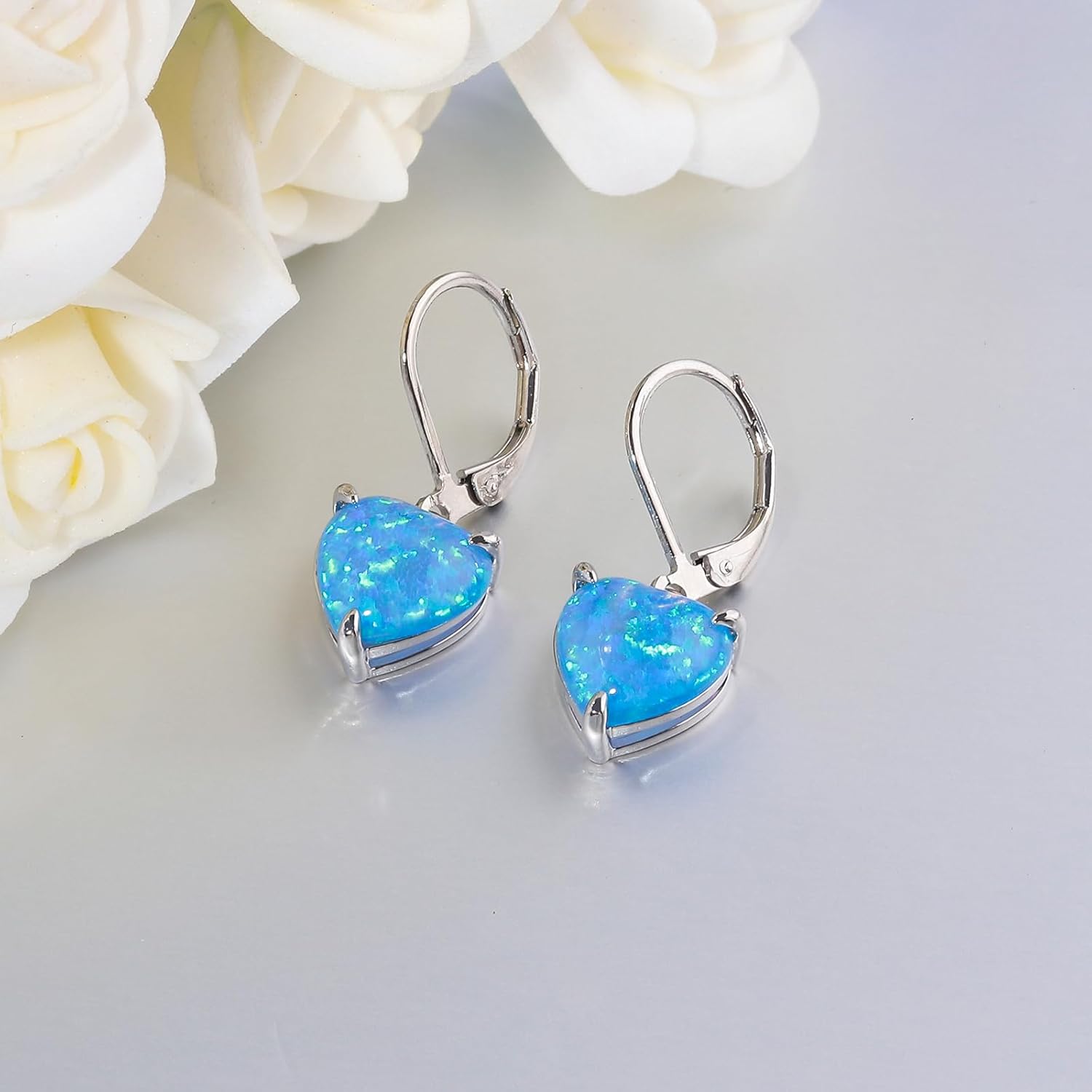 CiNily Heart Opal Earrings Leverback Drop Earrings for Women Hypoallergenic, Pendant Earrings 14K White Gold/Rose Gold Dangle Earrings Opal Hoops Birthday Wedding Mothers Day Jewelry Gifts - Image 6