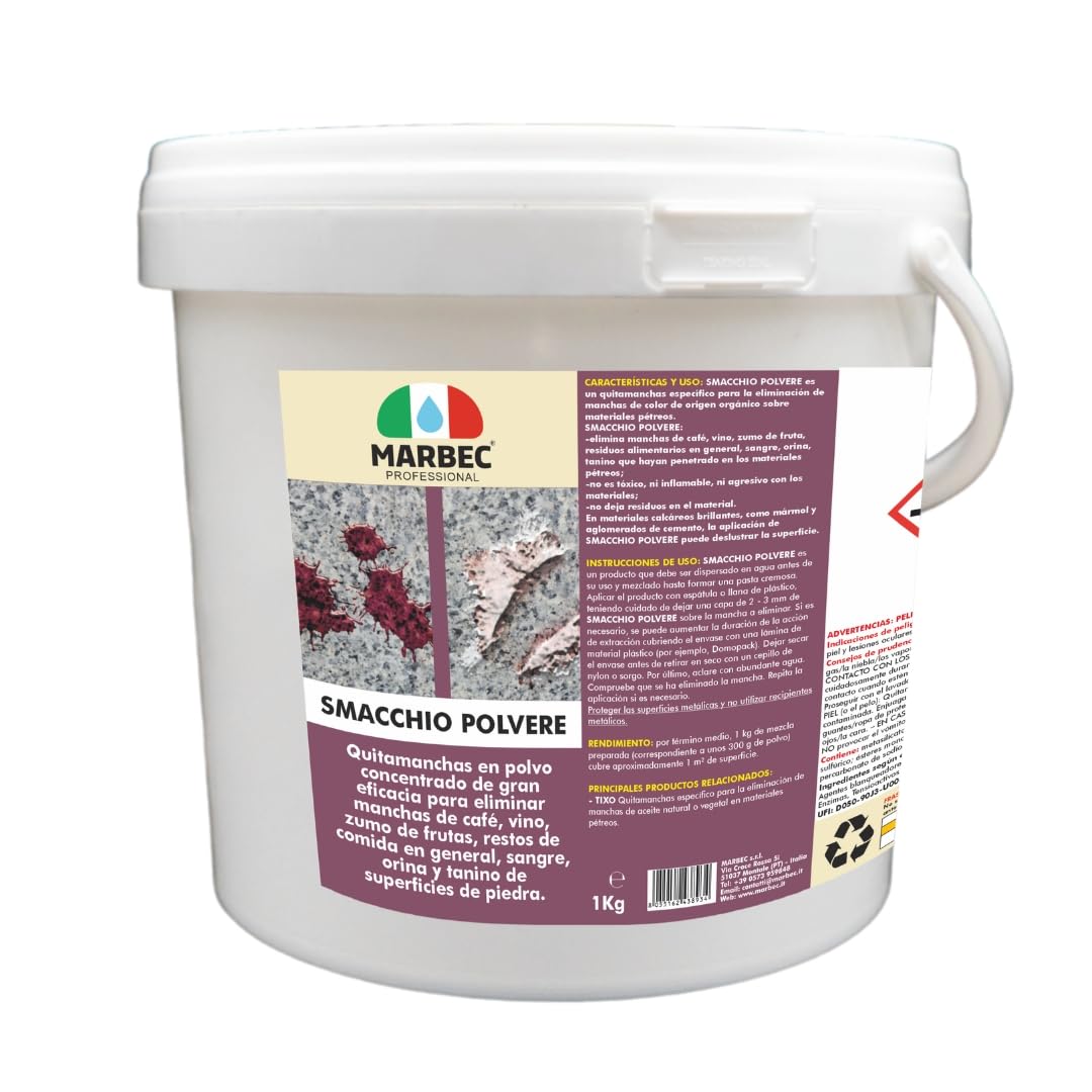 MARBEC SMACCHIO POLVERE 1KG Limpiador concentrado en polvo para eliminar las manchas de: café, vino, zumos de frutas, alimentos, etc. de material de piedra.