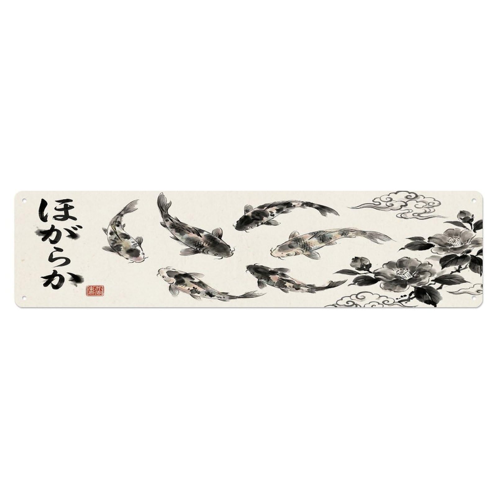 Olhnbad 4X16inch(10X40cm) Vintage Koi Fish Japanese Majestic Artwork Metal Tin Sign