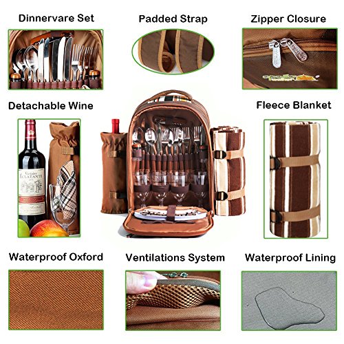 Picnic Backpack Bag for 4 Person With Cooler Compartment, Detachable Bottle/Wine Holder, Fleece Blanket, Plates and Cutlery Set Perfect for Outdoor, Sports, Hiking, Camping, BBQs(Coffee) - Thumbnail 4