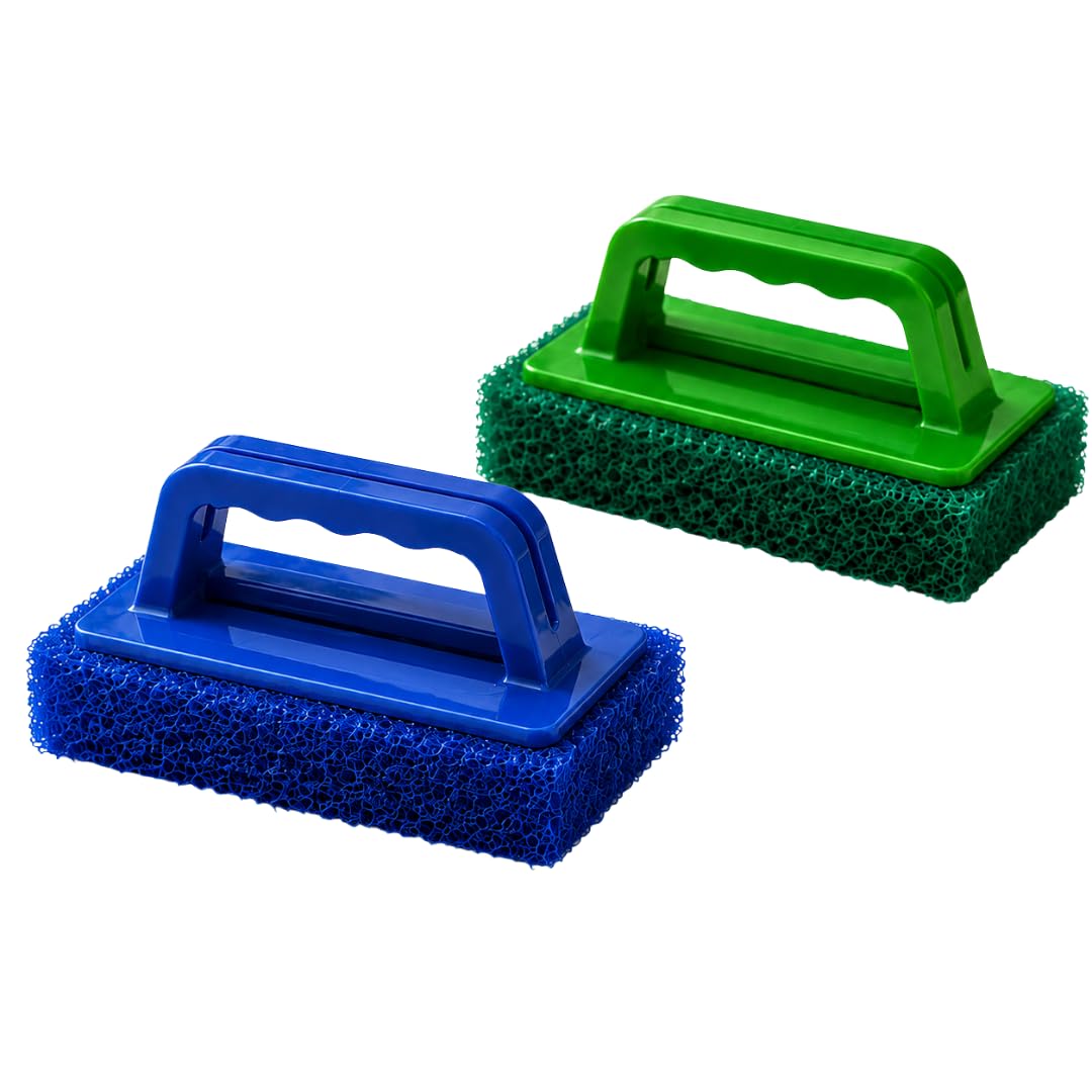 Hand Grip Cleaning Scrub Pad for Bathroom, Kitchen & Tiles | Heavy Duty Plastic Handle Sponge Scrubber | Wall, Floor & Sink Cleaning Brush | Pack of 2 (Blue & Green)-image-13