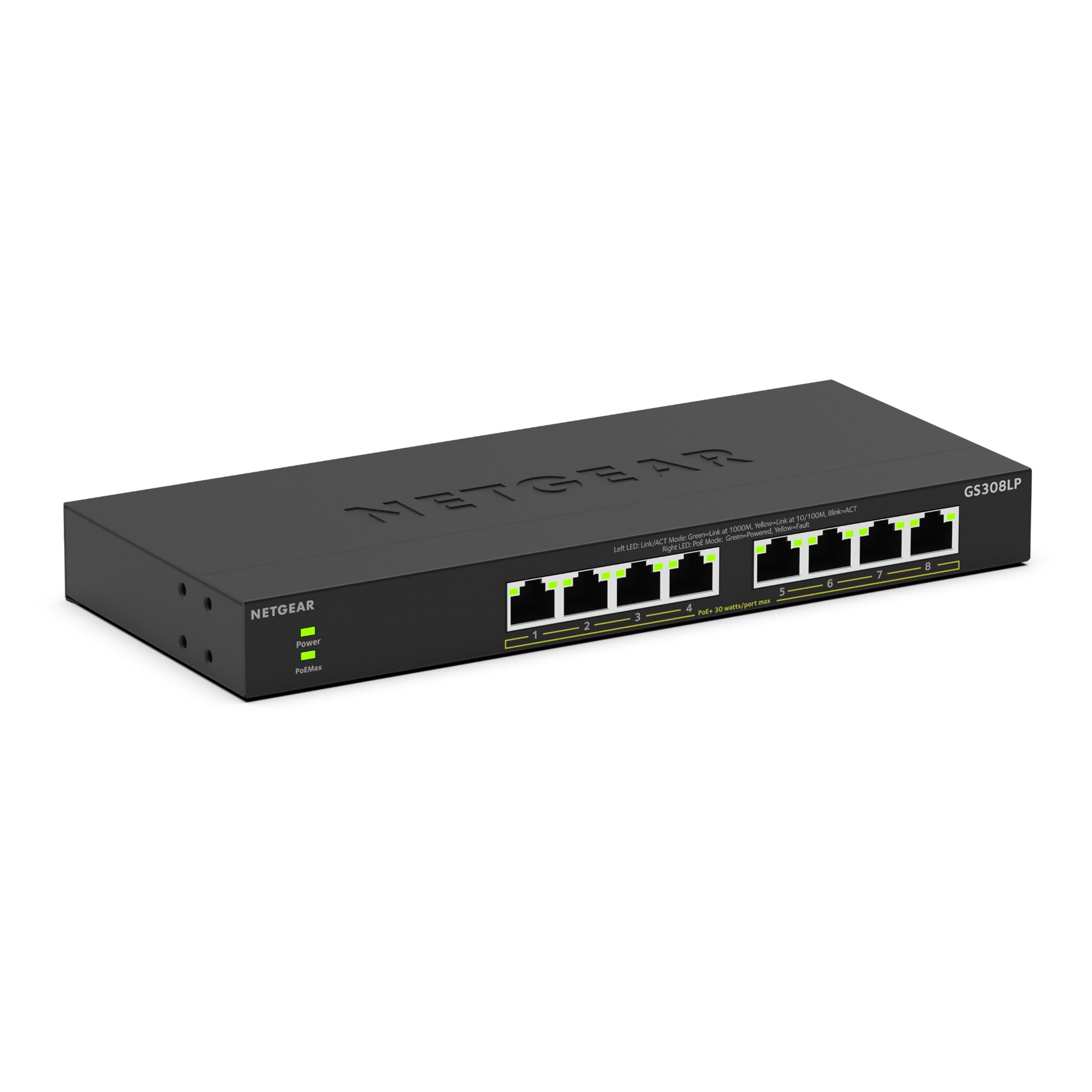 NETGEAR 8 Port PoE Switch (GS308LP) | Unmanaged Gigabit Network | Ethernet Splitter | 8 x PoE+ @ 60W | Desktop or Wall Mount