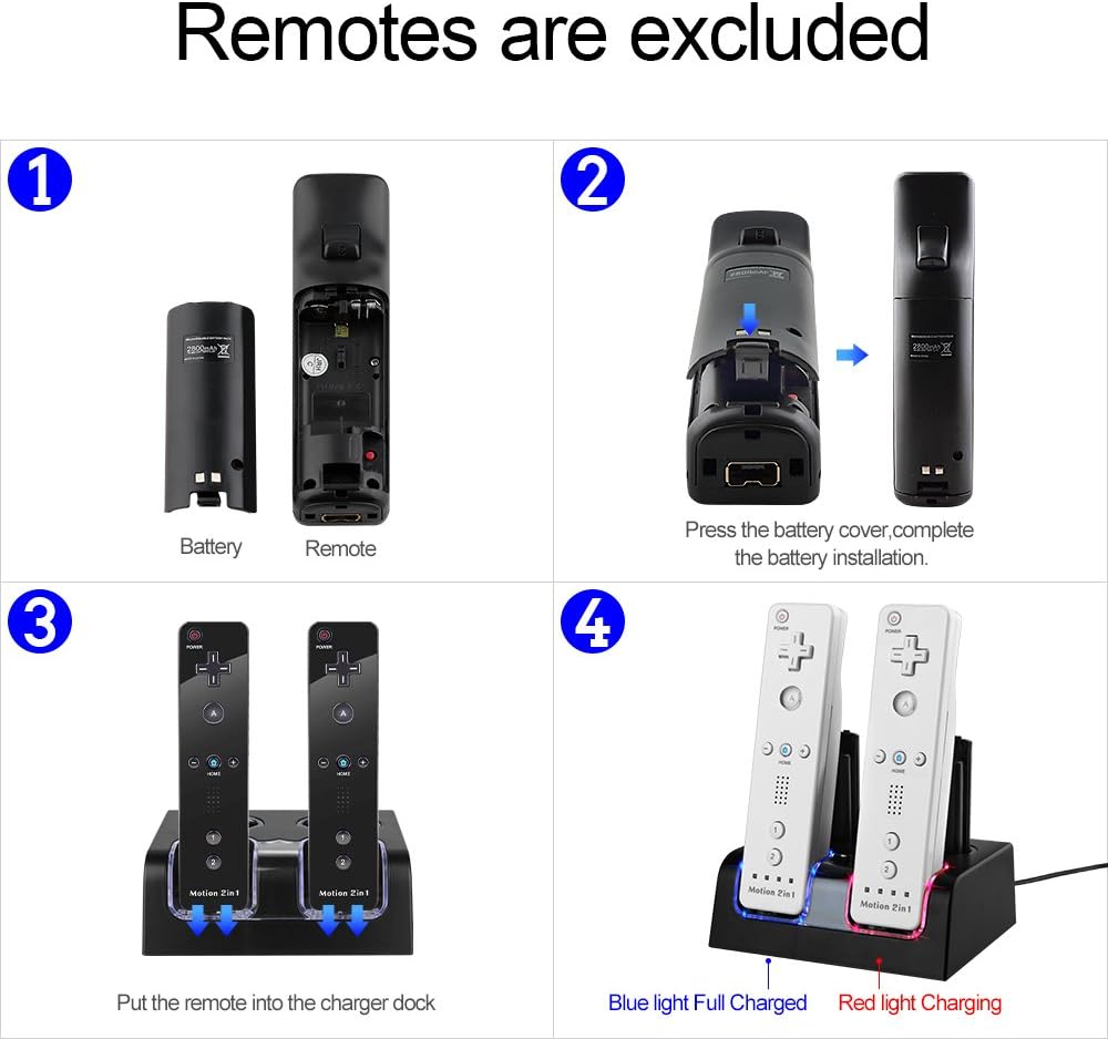 Remote Charger Dock,Galexh SN02 Controller Charging Station with Four 2800mAh Rechargeable Batteries for Wii Remote(Black)