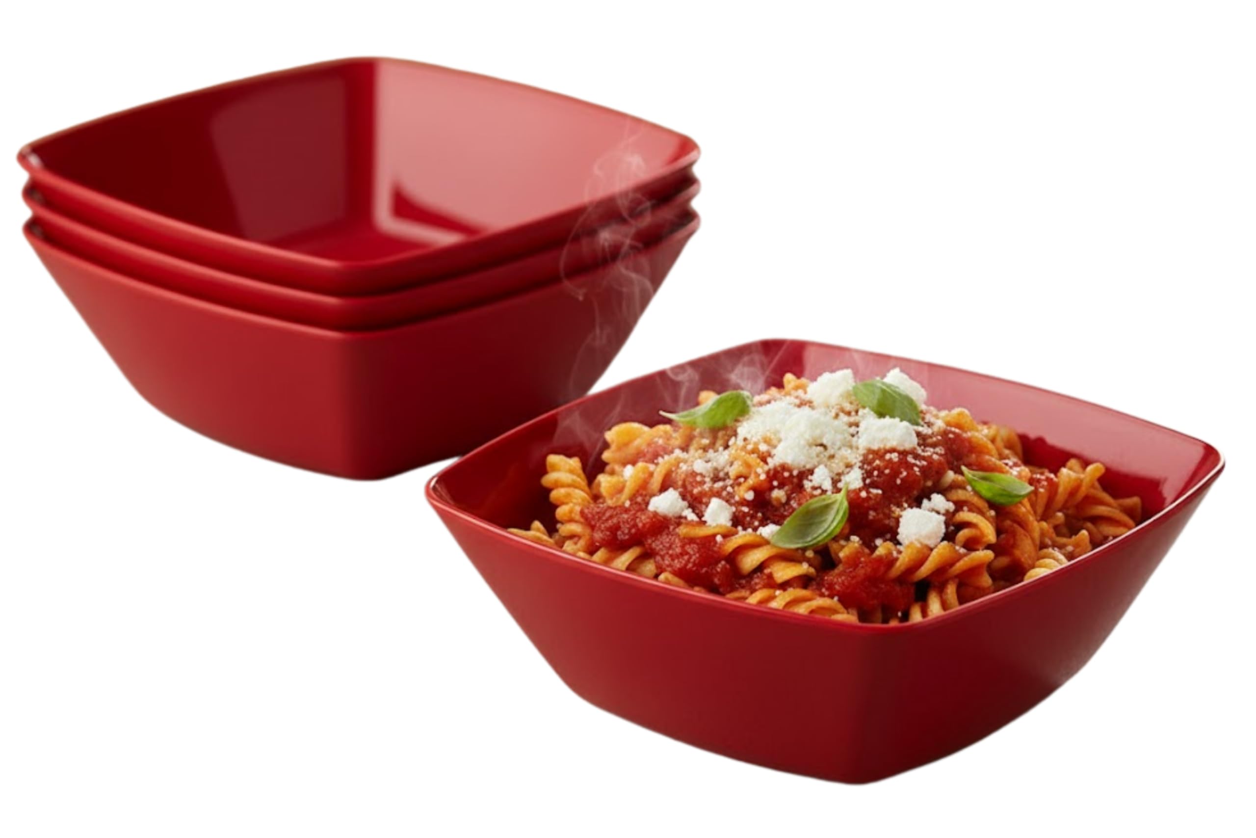 Buzztrove 4 Pack Plastic Bowls 24x24cm Red – Reusable Square Serving Bowls – Durable Plastic Pasta, Fruit & Salad Bowls – Lightweight Red Party Bowls.