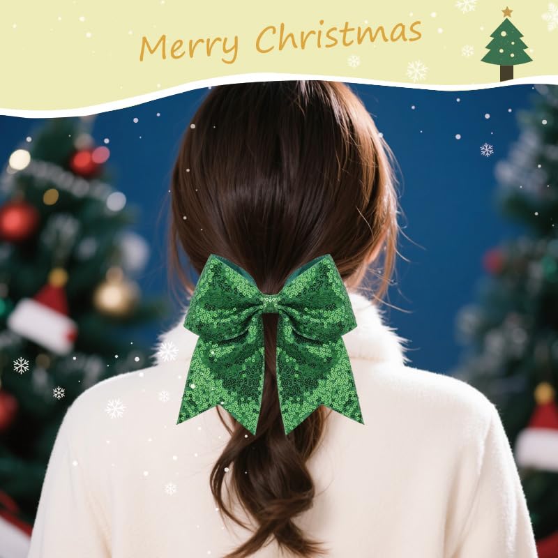 Glitter Sequin Hair Scrunchies with Bow Green Sparkly Hair Accessories for Thick Fine Hair Glitter Sequin Bow Hair Ties for Christmas Party Sparkly Hair Bobbles for Women Christmas Gifts - Image 2