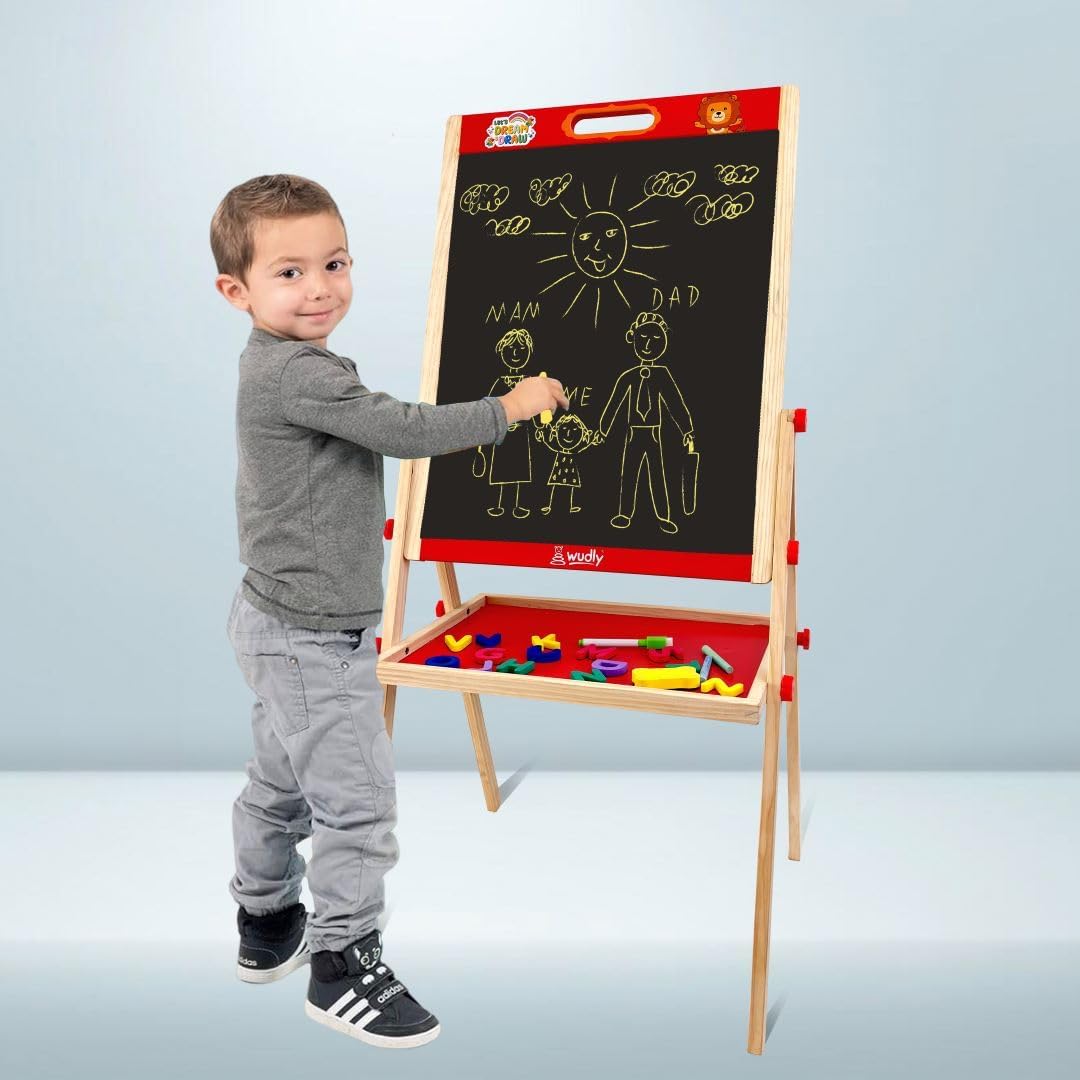 WUDLY® 2-in-1 Wooden Easel for Kids – Double-Sided Chalkboard & Whiteboard with Magnetic Letters, Marker, Duster & Chalk | Learning Drawing Board for Children - Image 6 thumbnail