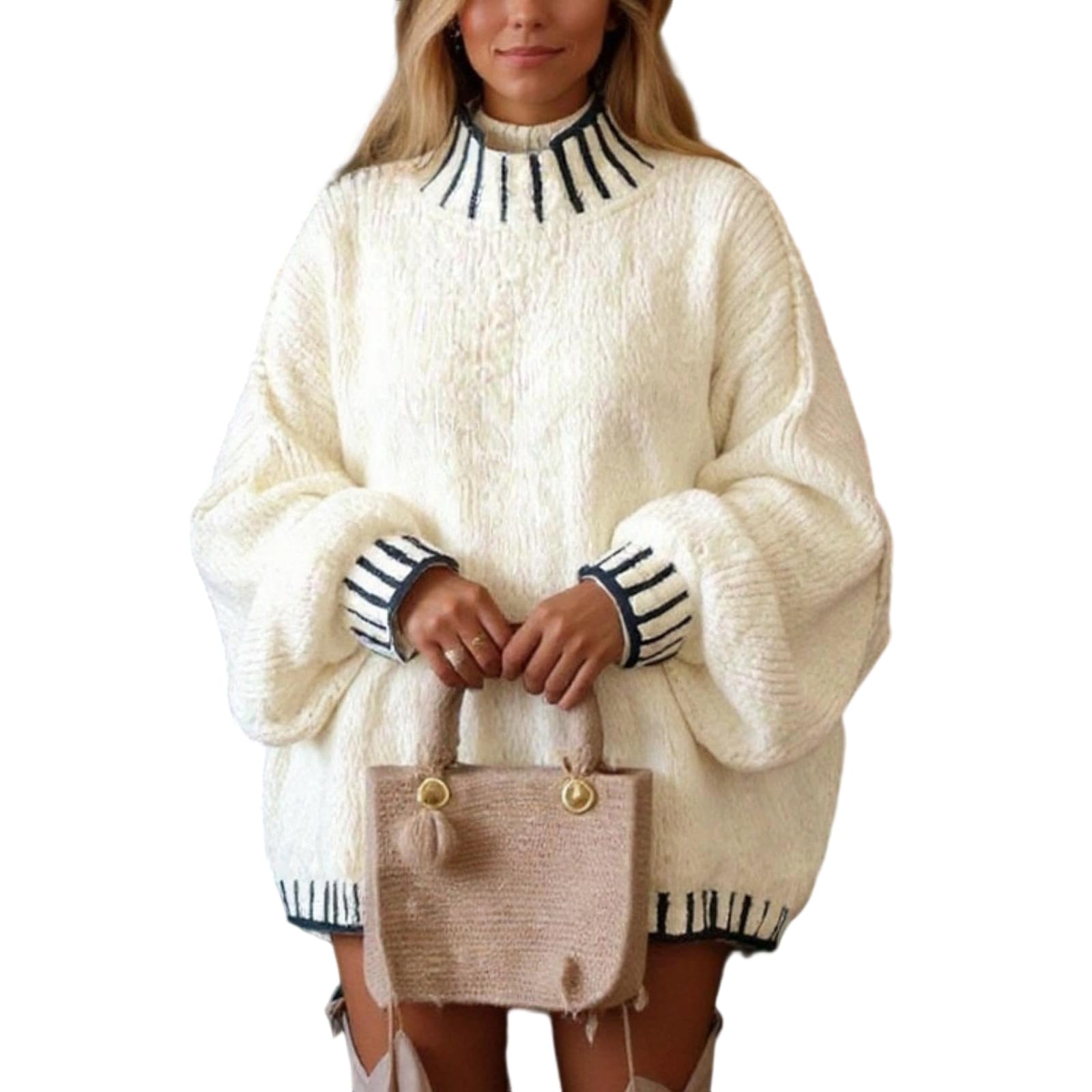 Womens Fall Oversized Pullover Sweater Contrast Trim Casual Long Sleeve High Neck Loose Sweater