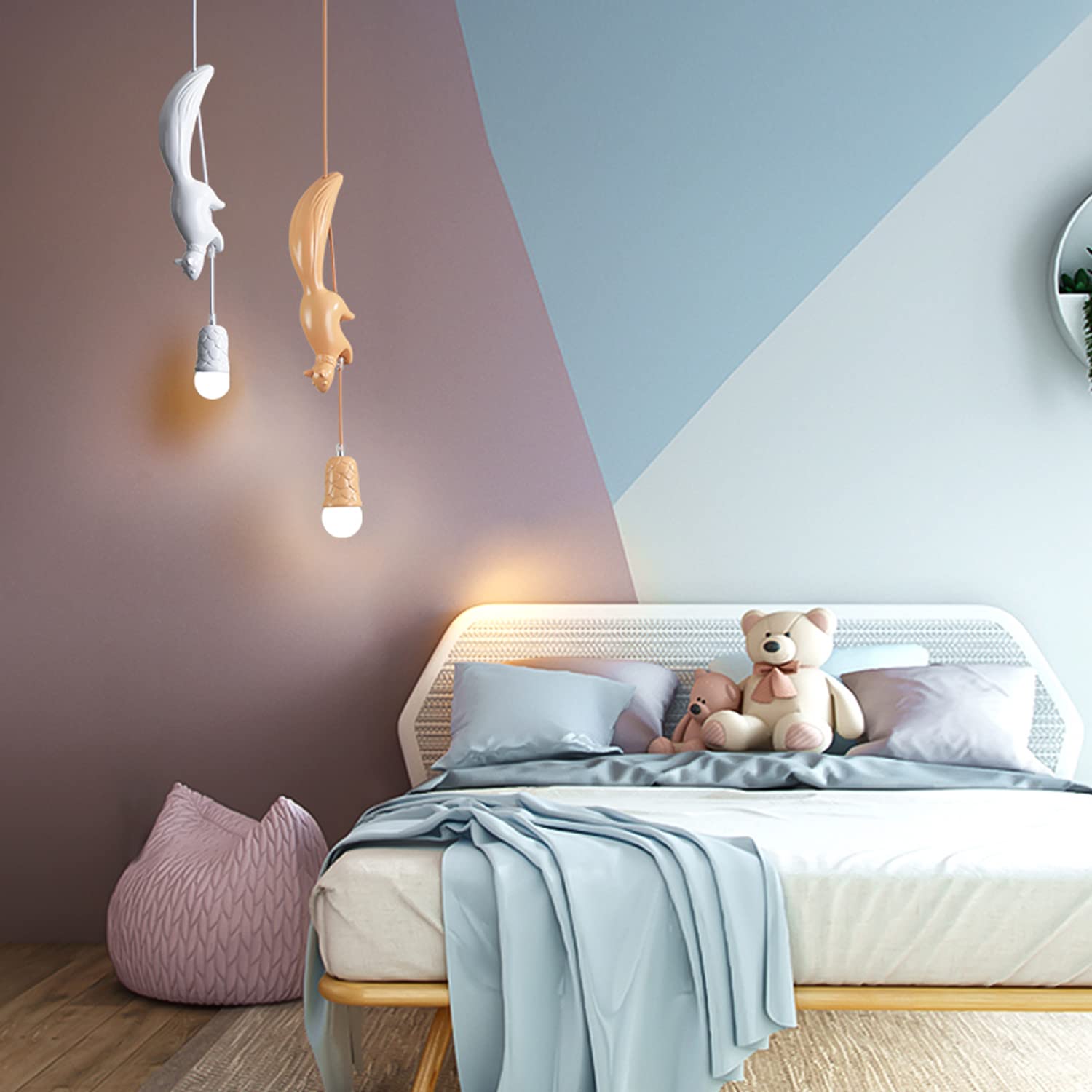Nordycka lampka nocna do sypialni dla chłopców i dziewcząt, kreskówkowy wzór, urocza, wiewiórka, kreatywna lampa wisząca, mała, regulowana trójkolorowa lampa do pokoju dziecięcego
