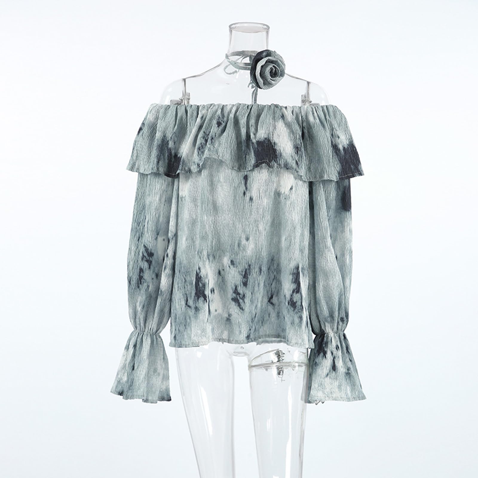 Damskie seksowne topy z odkrytymi ramionami Tie-Dye 3D Kwiaty z długim rękawem Falbana Wiosna Jesień Koszula Bluzka