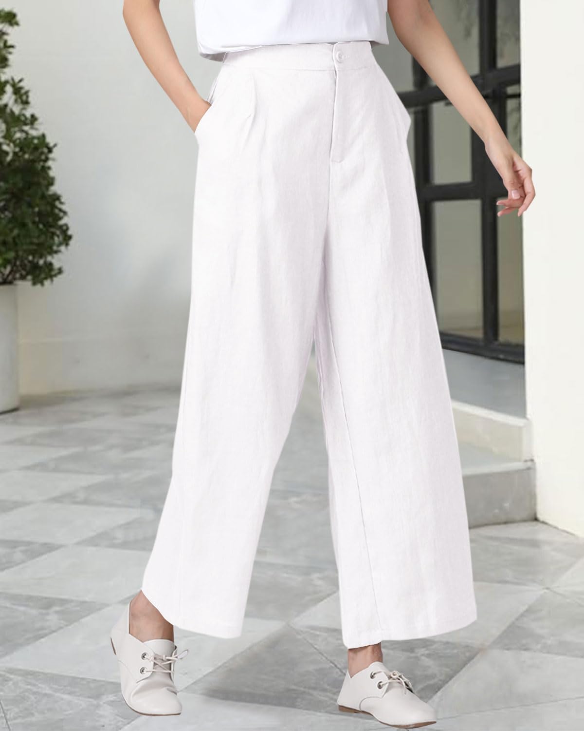 Women's 100% Linen Wide Leg Pants Summer Casual Cropped Palazzo Beach Pants Outfits 2025 Trendy - Image 3