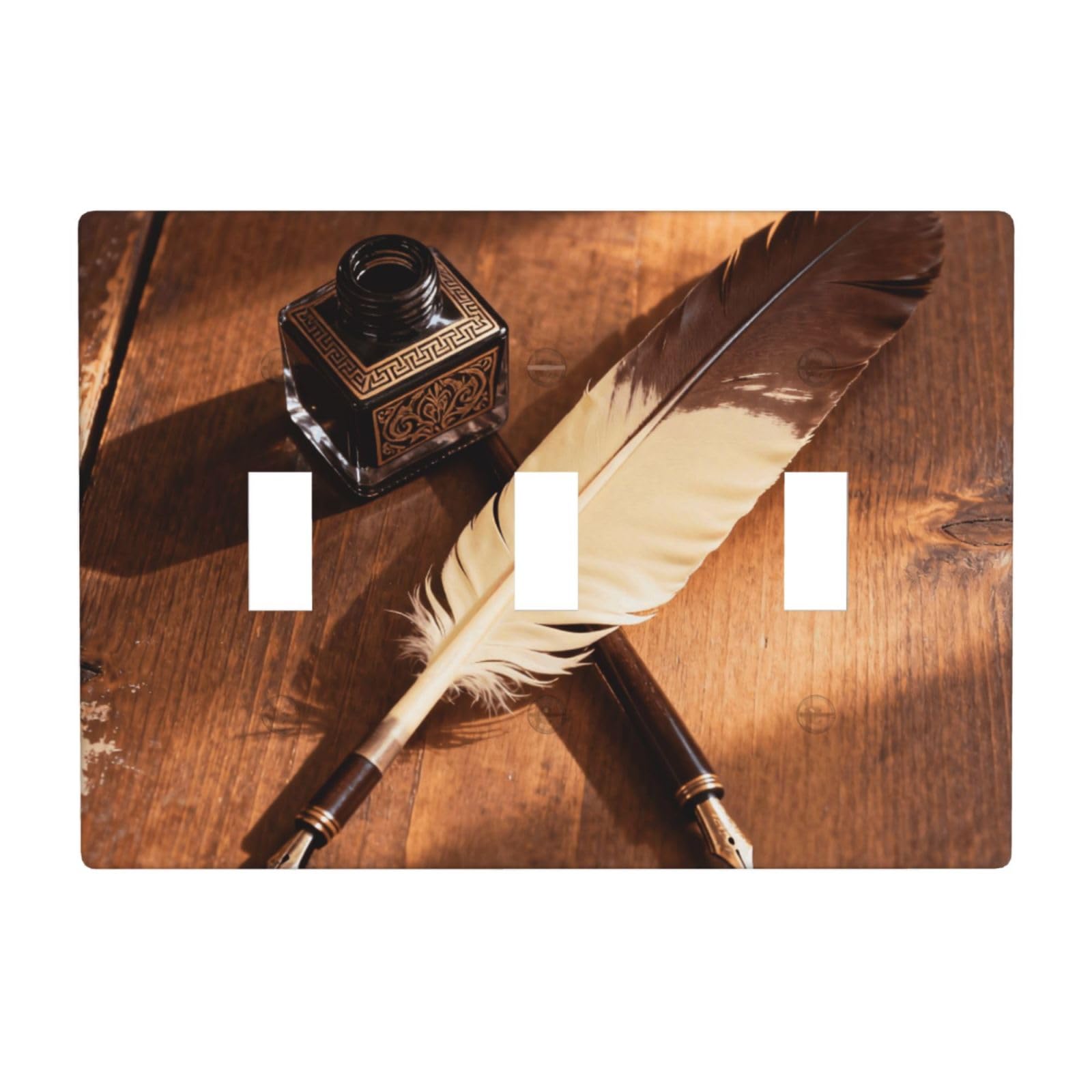 Feather Ink Bottle 3 Gang Switch Plate Cover-Unbreakable Polycarbonate Wall Plate, Heat Resistant Toggle Switch Decor for Home