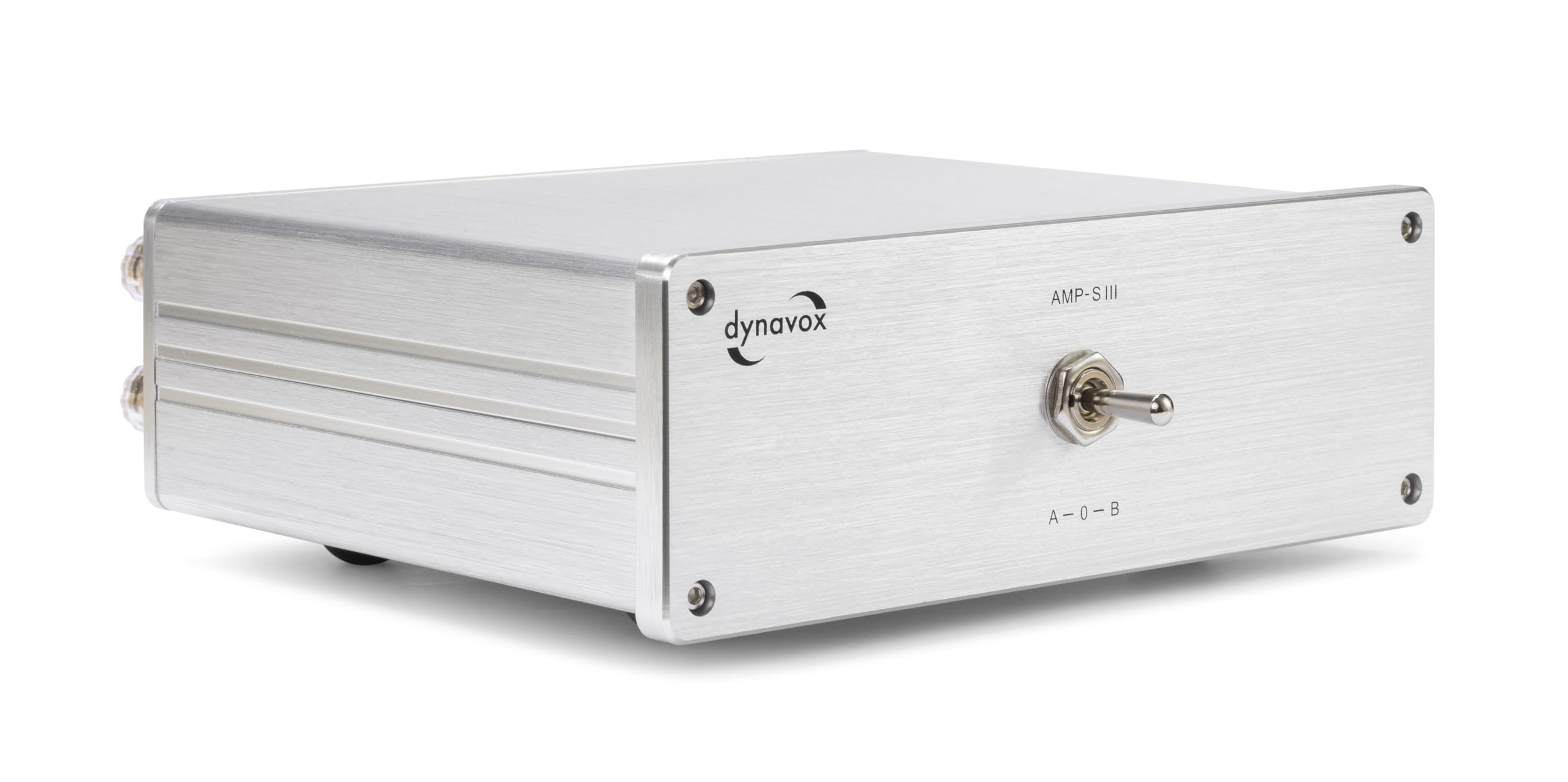Dynavox AMP-S III commutatore amplificatori altoparlanti 2 coppie casse 1 amplificatore chassis alluminio connettori banana morsetti argento