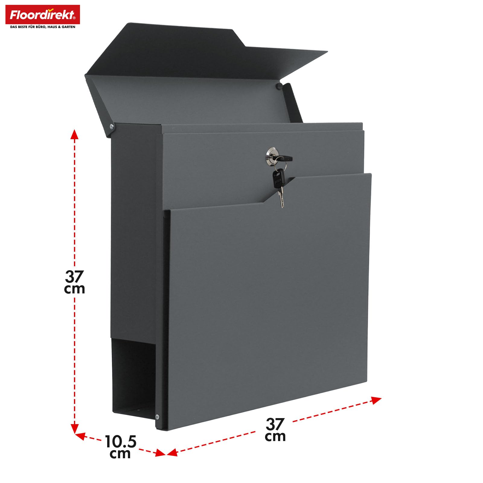 Floordirekt Moderner Briefkasten, mit Zeitungshalter, Deckel, abschließbar mit Zeitungsfach und großer Einwurfklappe, Jean Anthrazit