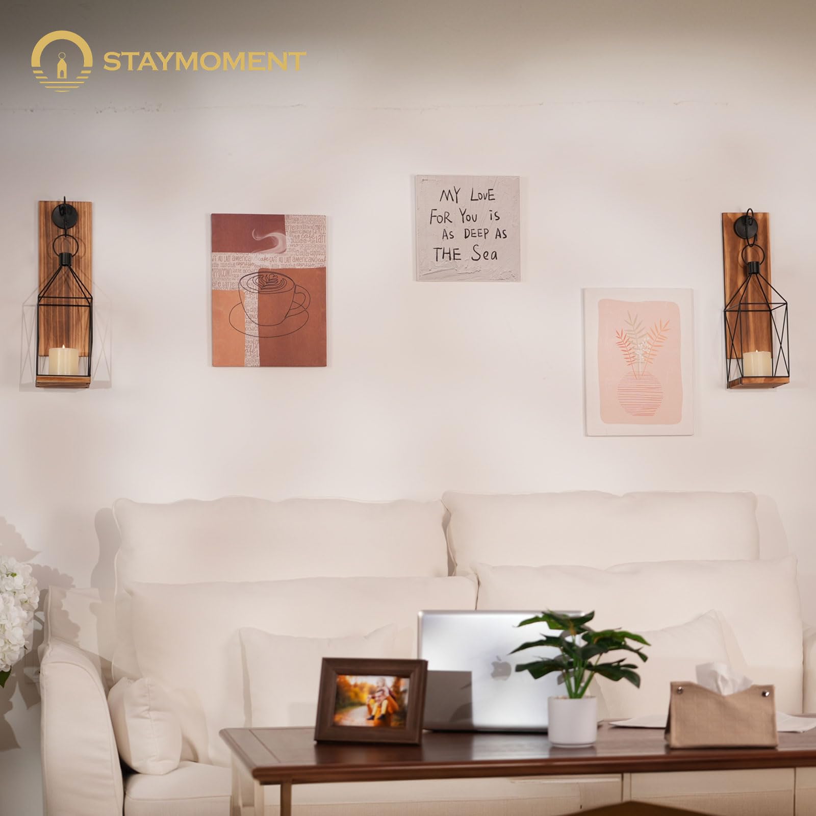 Portavelas de pared de madera, juego de 2 portavelas de 40 cm, color marrón, para salón, pasillo, chimenea, pared