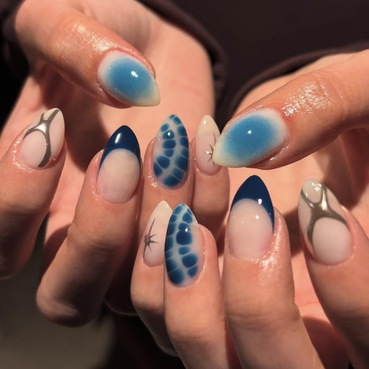 SXVME Royal Blue French Tip Press on Nails Short Almond with 3D Gold Lines Stars Full Cover False Nails Short Stiletto