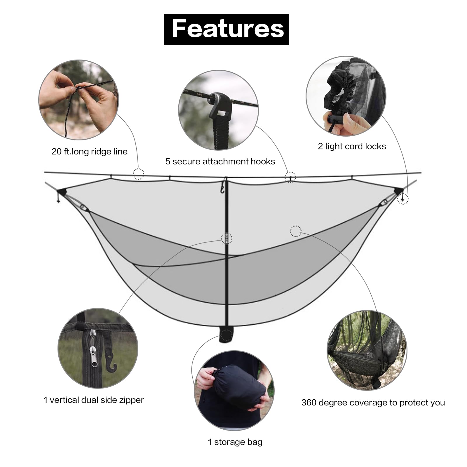 ZXPLO 11ft X 4.5ft Hammock Bug Net, Mosquito Net for Hammocks, Mesh Hammock Netting Fits All Camping Hammocks (Black)