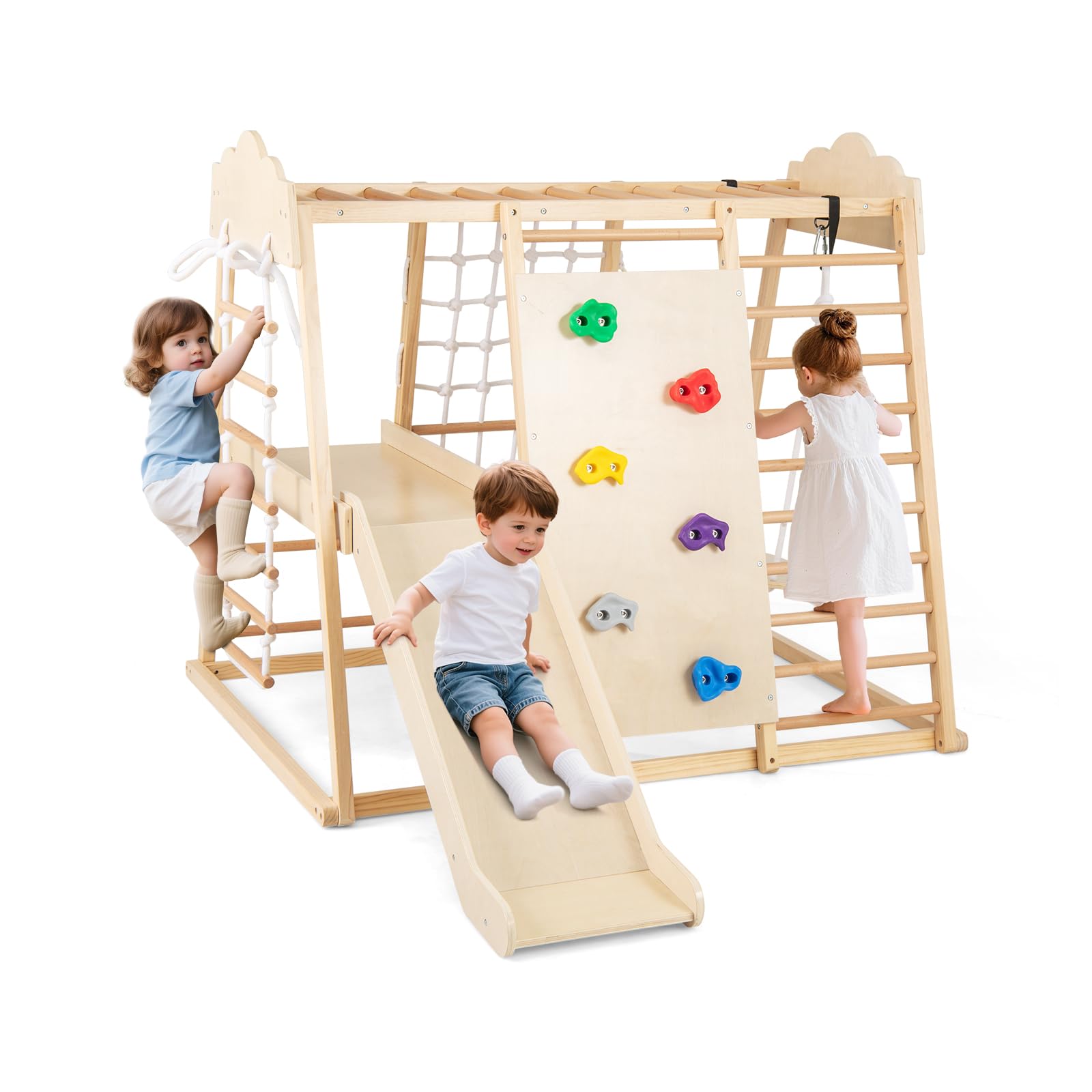 GOPLUS Estructura de Escalada Infantil de Madera 8 en 1, Triángulo para Niños con Tobogán, Escalera, Columpio y Barra, Centro de Actividades Montessori para Interiores, para Niños 3+ (Natural)