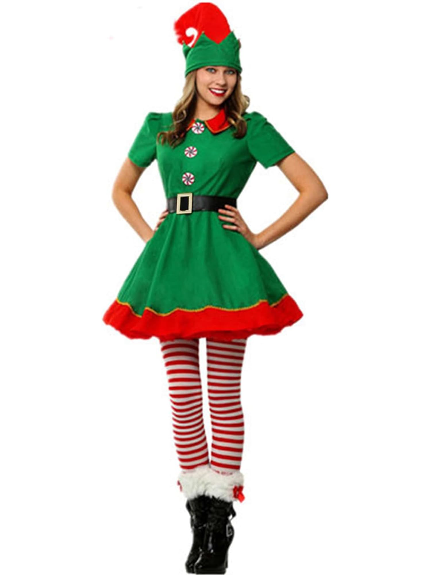 Fiacafyo Christmas Elf Costume for Family Christmas Costume Fancy Dress Short Sleeve Dress Pants over the Kneel with Hat Belt and Socks (Women, XL, A-Women)