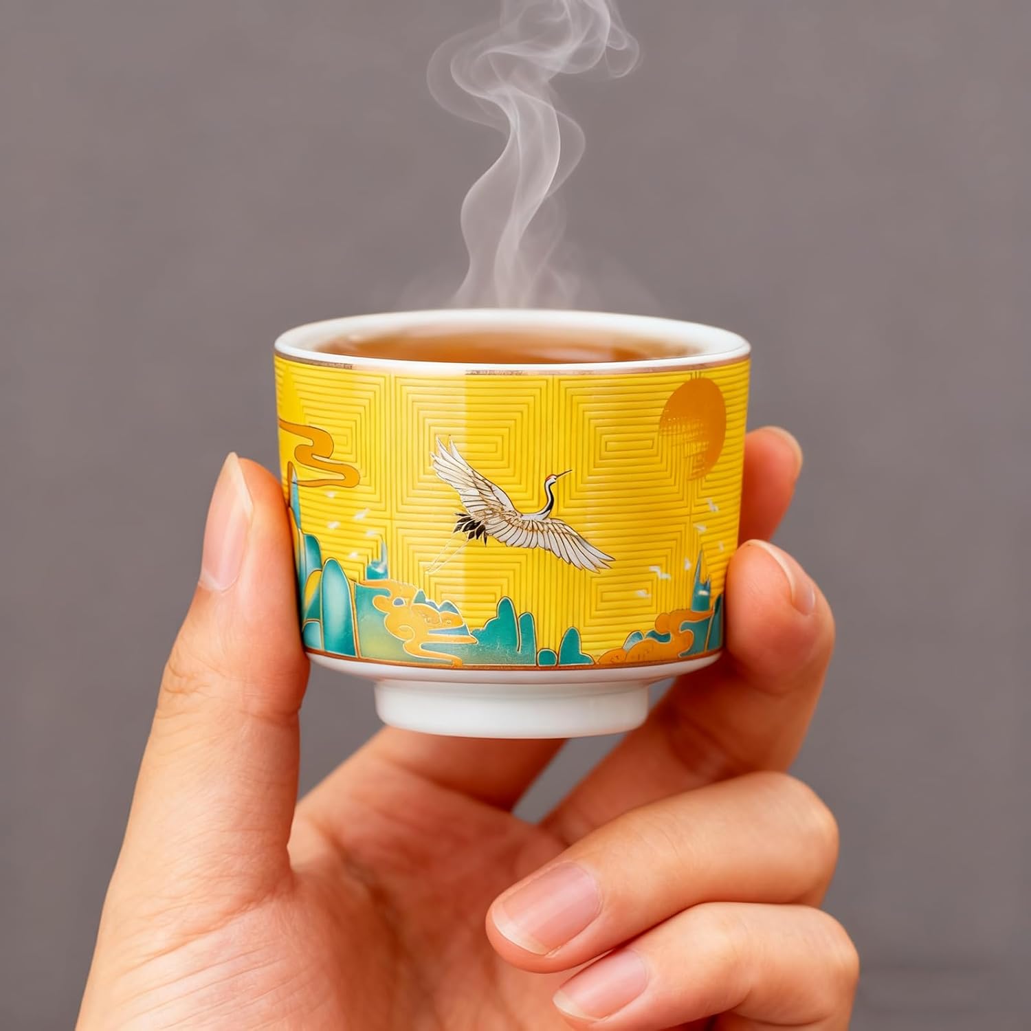 Chinese Tea Cups Set of 4, Crane Pattern Enamel Ceramic Gongfu Tea Cups, 4.3 oz Handleless Cups for Matcha, Oolong, Herbal Tea, Elegant Home Decor & Gift (4 Colors)