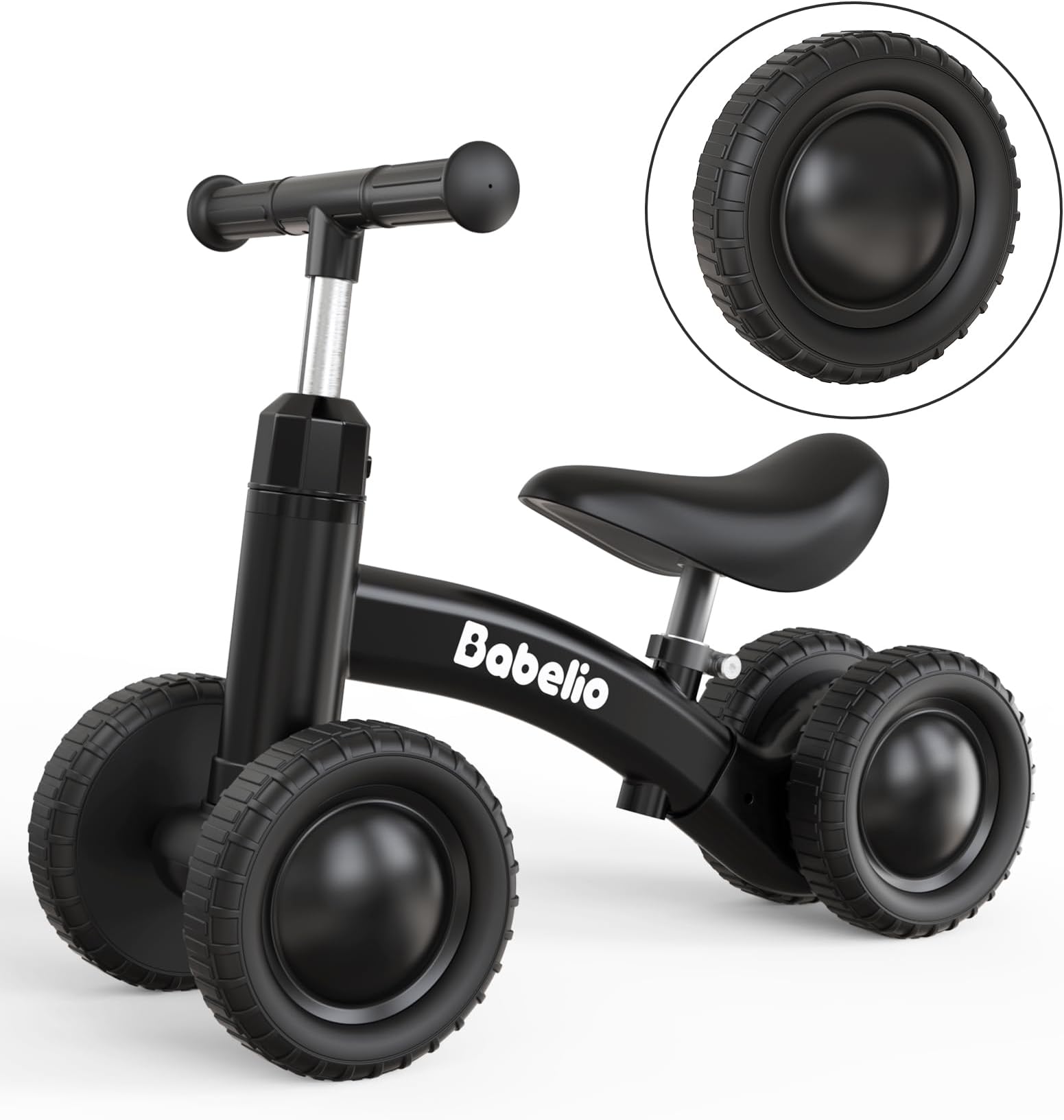 Babelio Baby Balance Bike for 1 Year Old, Adjustable Seat & 4 Wheels, Black