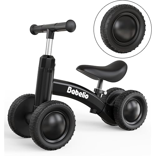BABELIO Baby Balance Bike for 1 Year Old Boys Girls, 10-36 Month Toddler Balance Bike, 4-Wheel Off-Roader Design, Adjustable Seat & Handlebar - Black