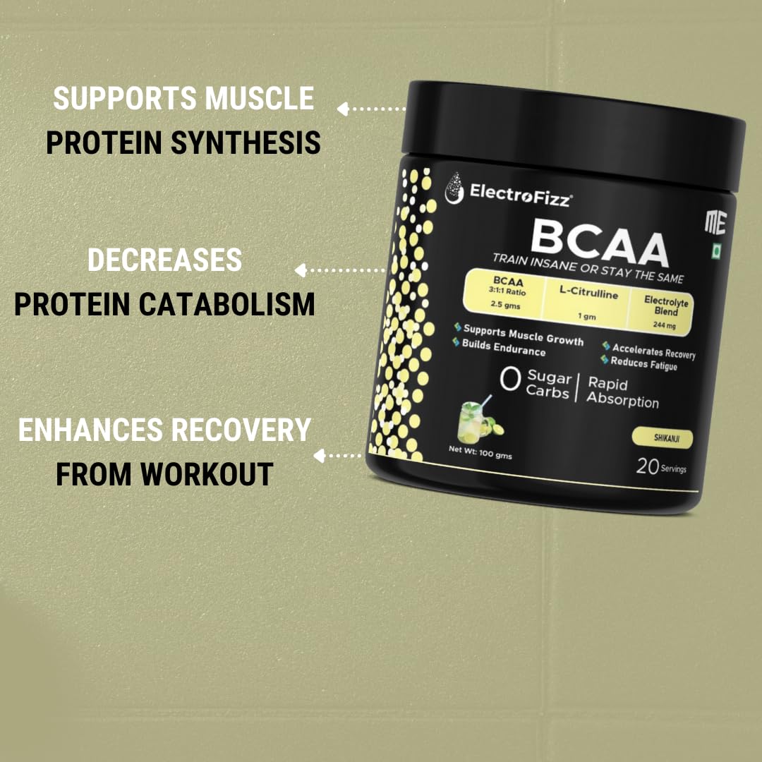 ElectroFizz BCAA Powder, 2.5g BCAA with 3:1:1 Ratio, L-Citrulline & Electrolytes, 100g, Shikanji Flavour, 20 Servings - Image 3 thumbnail