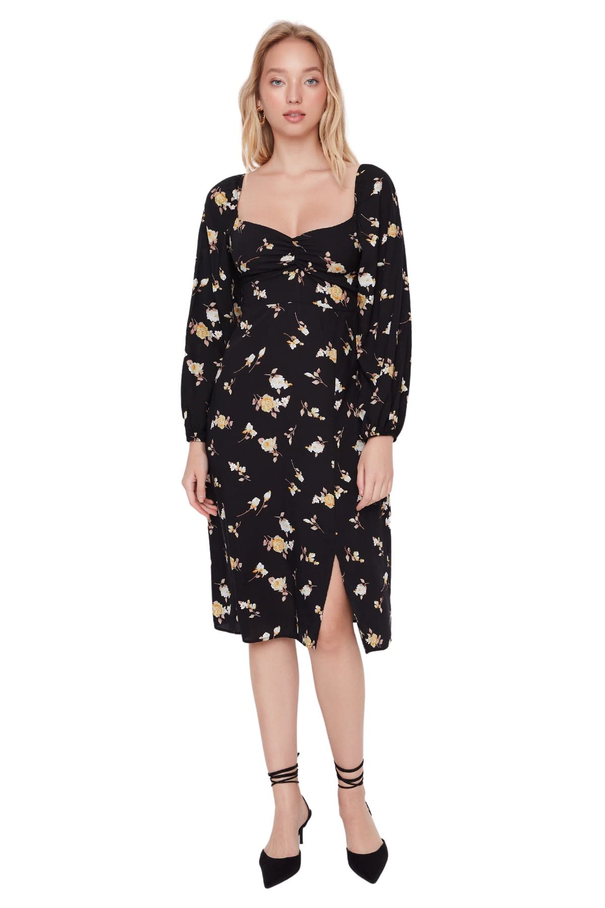Trendyol Woman Regular A-line Sweetheart Woven Dress, Black, 34