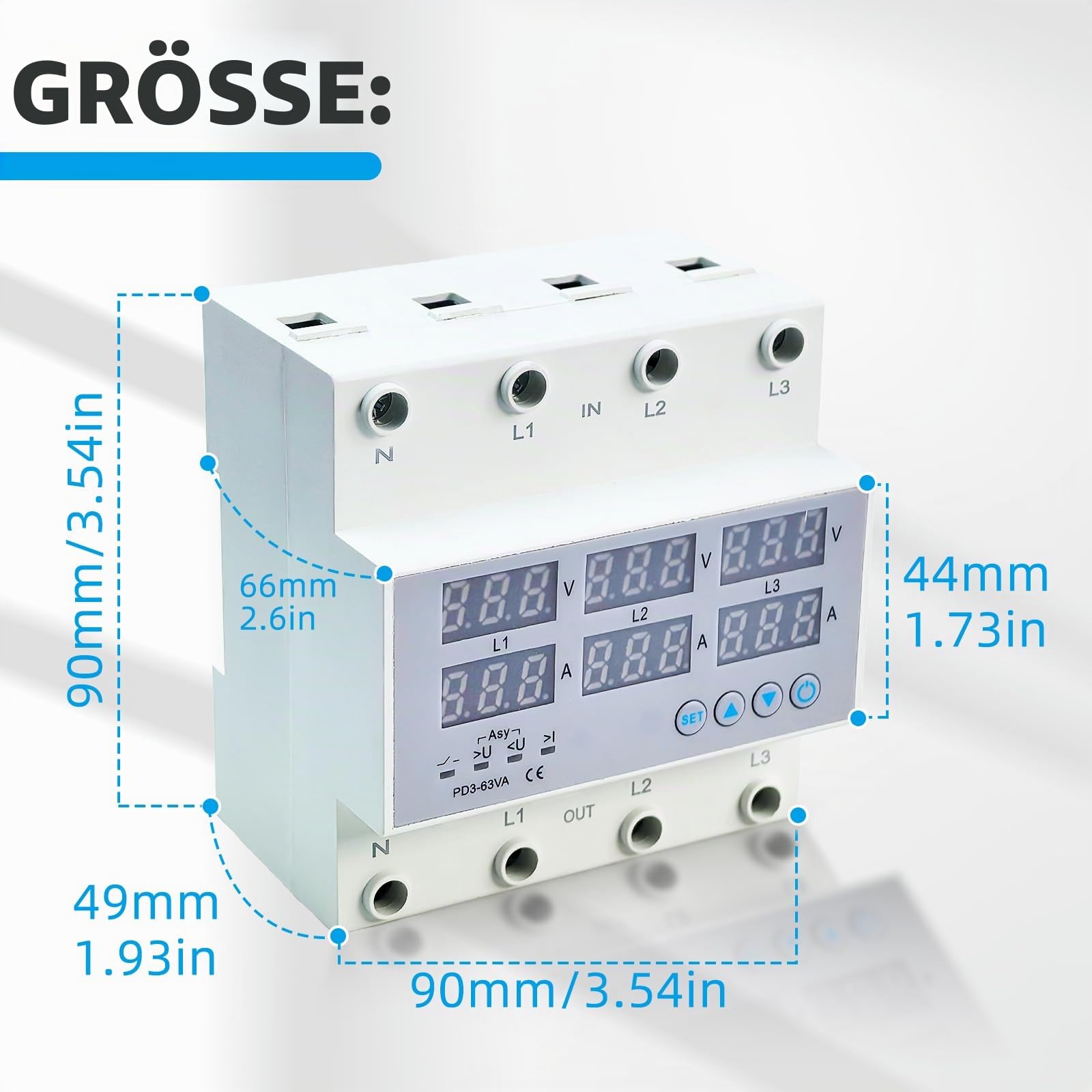 3 Phasen DIN Schienen Voltmeter, Digitales Spannungsüberwachungs Sequenzrelais Stromzähler AC 80-300V 63A, Amperemeter Hutschiene Überspannungs Überstromschutz Automatische Rückstellung Digitalanzeige