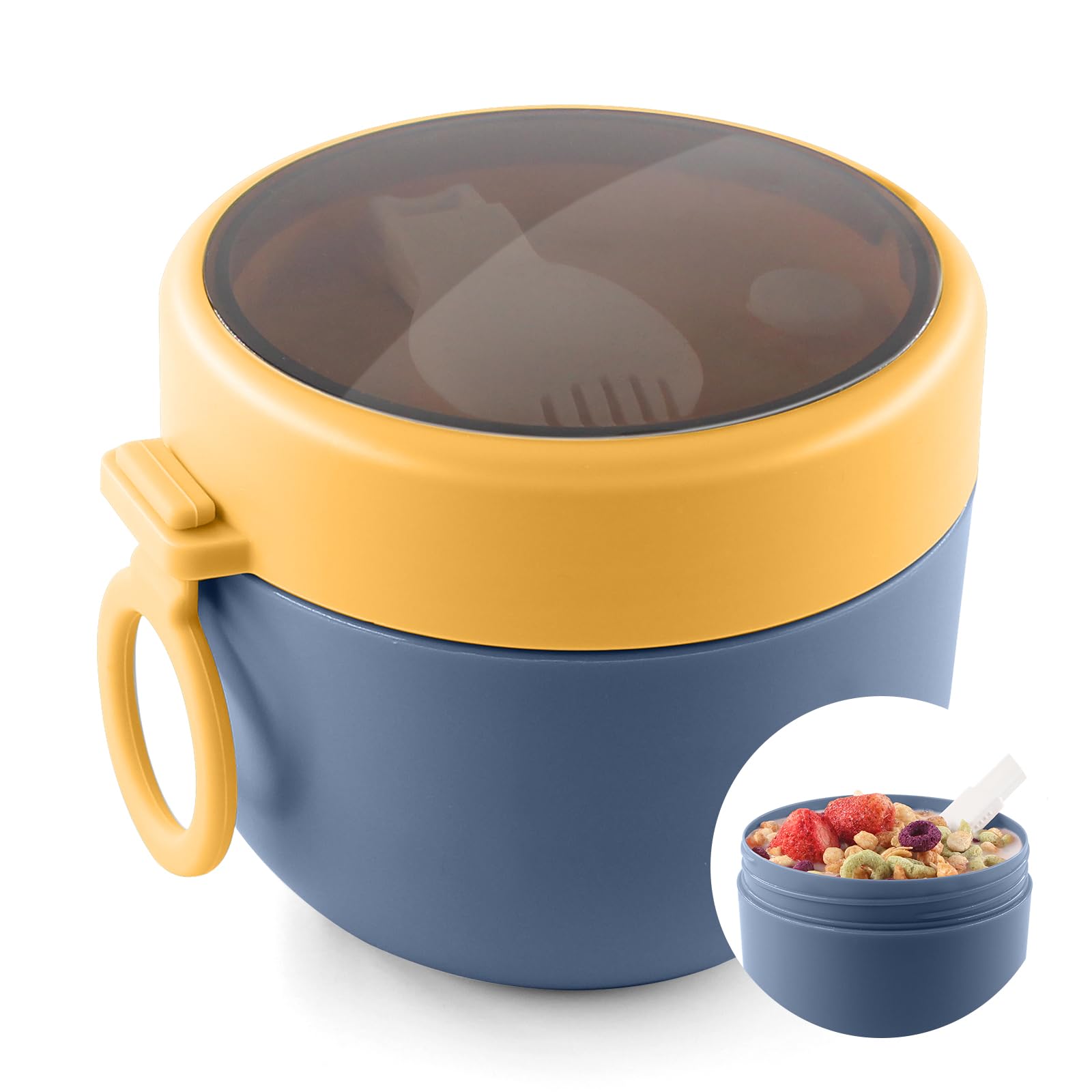 HUAERSICO Frühstücksbecher To Go mit Klapplöffel, 600 ml, Blau