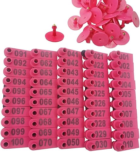 100 etiquetas de plástico para orejas de ganado número 001-100, etiquetas de identificación de animales de granja, etiquetas de identificación rosa,