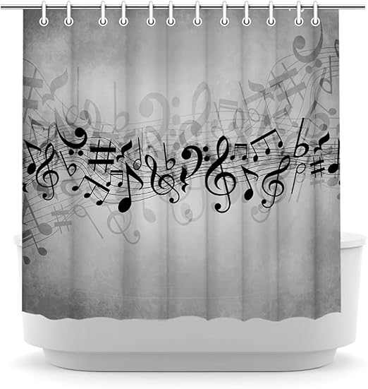 Music Shower Curtain Musical Notes Rhythm of The Song Bath Curtain Black and White Singing Clef Ornamental Cloth Fabric Bathroom Decor Set with Hooks 72x72inch