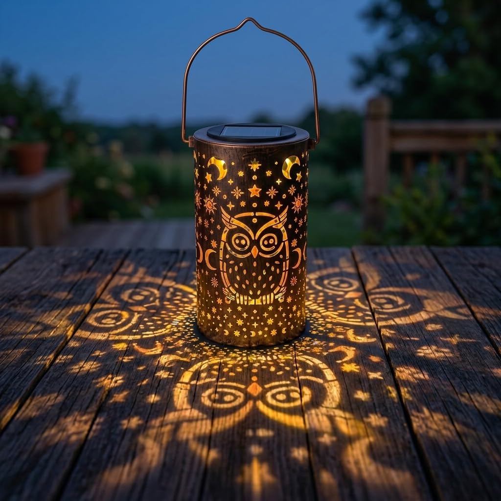 Solar Owl Cutout Lantern, Hollow Metal Projection Hanging Light, Outdoor Waterproof Solar Powered Decor Lamp for Garden Patio Yard Camping