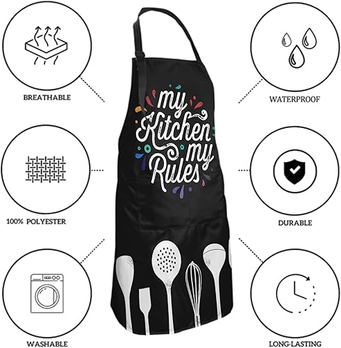 Miniatura 6 de Delantal de cocina negro divertido impermeable ajustable con 2 bolsillos para mujeres y hombres, adecuado para cocinar, hornear, asar a la parrilla,