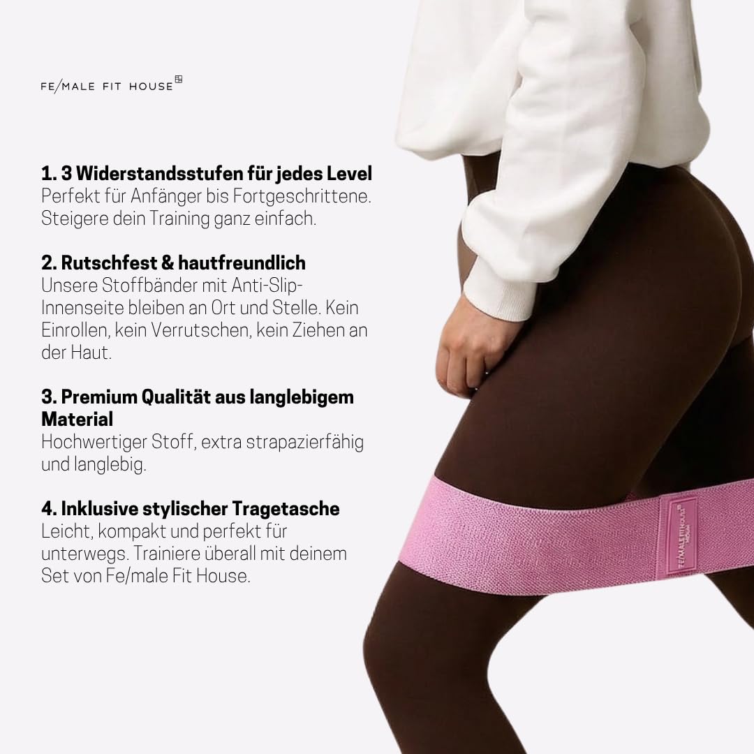 Stoffbänder Set – 3 Widerstandsstufen Fitnessbänder Damen – rutschfeste Booty Bands für Po-Training, Gesäß, Pilates & Heimtraining – inkl. Tragetasche