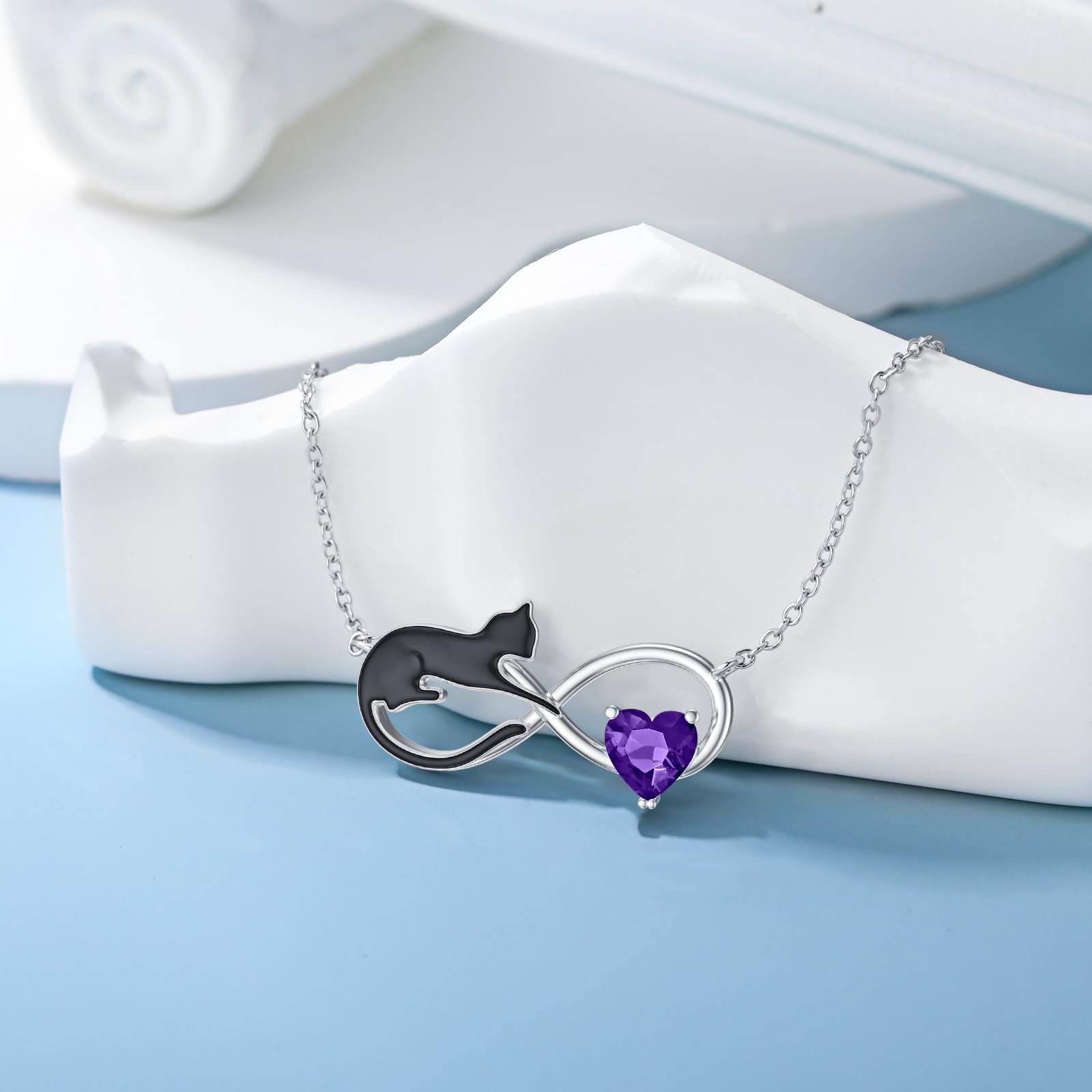 Schwarze Katzen Kette mit Geburtsstein für Damen, 925 Sterling Silber Unendlichkeits und Katzen Halskette Schmuck Geschenke für Katzenliebhaber