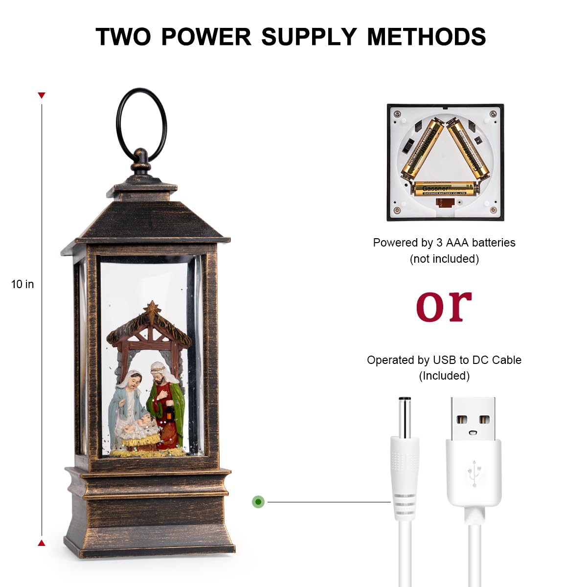 Linterna musical de globo de nieve de 10 pulgadas iluminada con escena de pesebre, farol de agua, remolino brillante, decoración del hogar y regalo, funciona con pilas o alimentado por USB