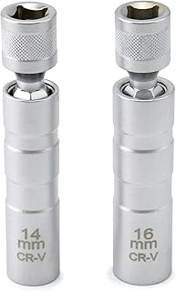 QWORK 14mm&16mm Magnetic Swivel Spark Plug Socket, Thin Wall Magnetic Rotating 3/8" Drive 12 Point Standard Spark Plug Socket Removal Tool 360-degree Rotation for Maximum Flexibility