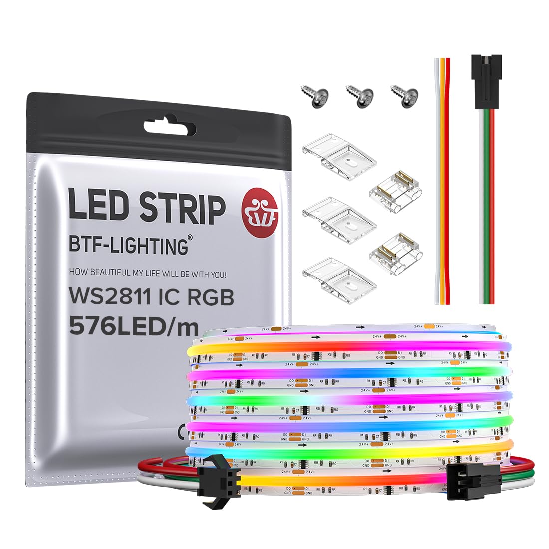 BTF-LIGHTING FCOB WS2811 IC RGB COB LED Strip DC24V 576LED/m 16.4FT Flexible High Density Color Chasing Uniform Light 16IC/m 10mm Width for Indoor Lighting Project(No Adapter or Controller)