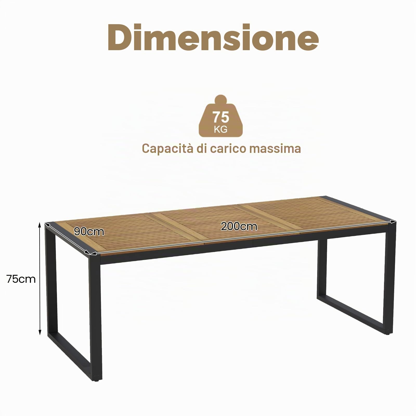 KOMFOTTEU Tavolo da Giardino con Foro per Ombrellone | Tavolo da Pranzo a 8 Posti in Legno di Acacia e Metallo, Tavolo Rettangolare, Piedini Regolabili, per Esterno, 200x90x75 cm