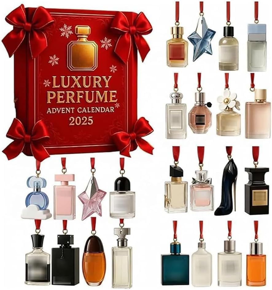 Calendario de Adviento de perfume de lujo 2025, calendario de cuenta regresiva de Navidad de 24 días con 24 mini adornos planos 2D, 24 días de fragancias de diseñador para mujeres y hombres, juego de