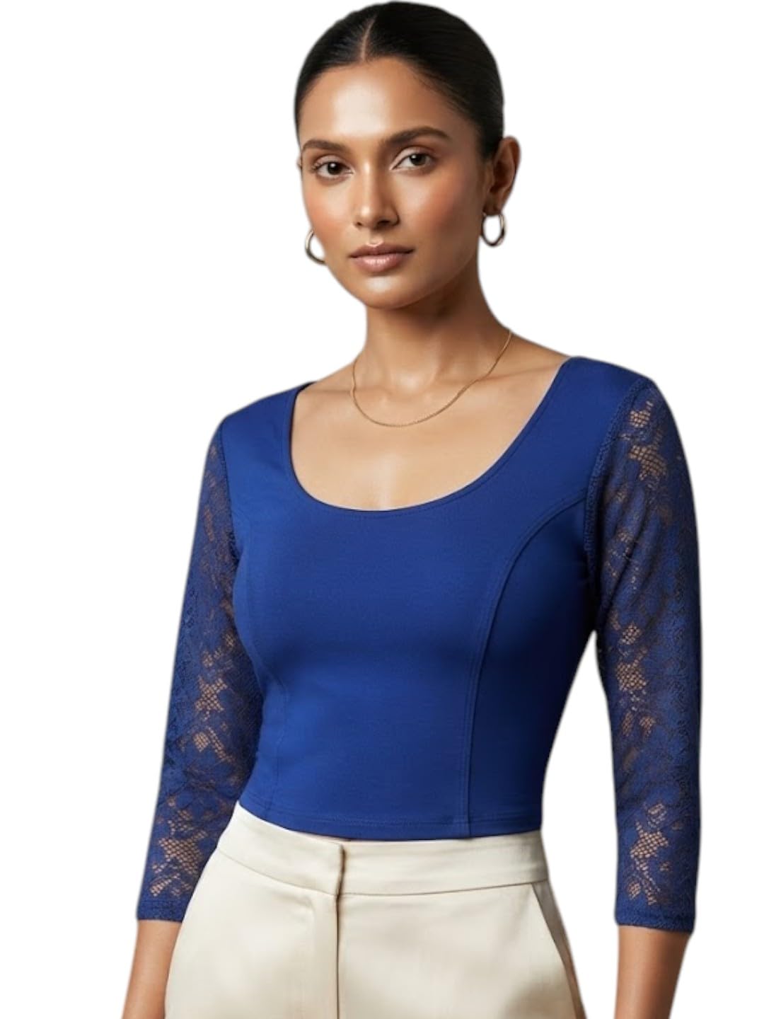 biyu Blue Saree Blouse with Lace Sleeves, Round Neck, Stretchable-picture-1