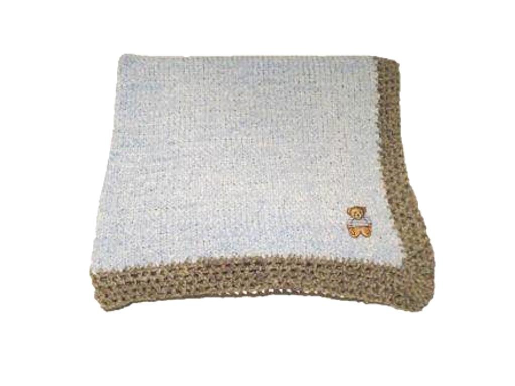 Knitted Blue Chenille Infant Blanket Grey Hand Crochet Trim Teddy Bear Patch