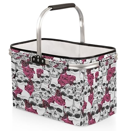 Skonsati Scary Retro Skull Folding Picnic Basket Large Reusable Shopping Basket Collapsible Grocery Tote Bag with Handle & Aluminum Frame for Picnic Beach Pool Festival