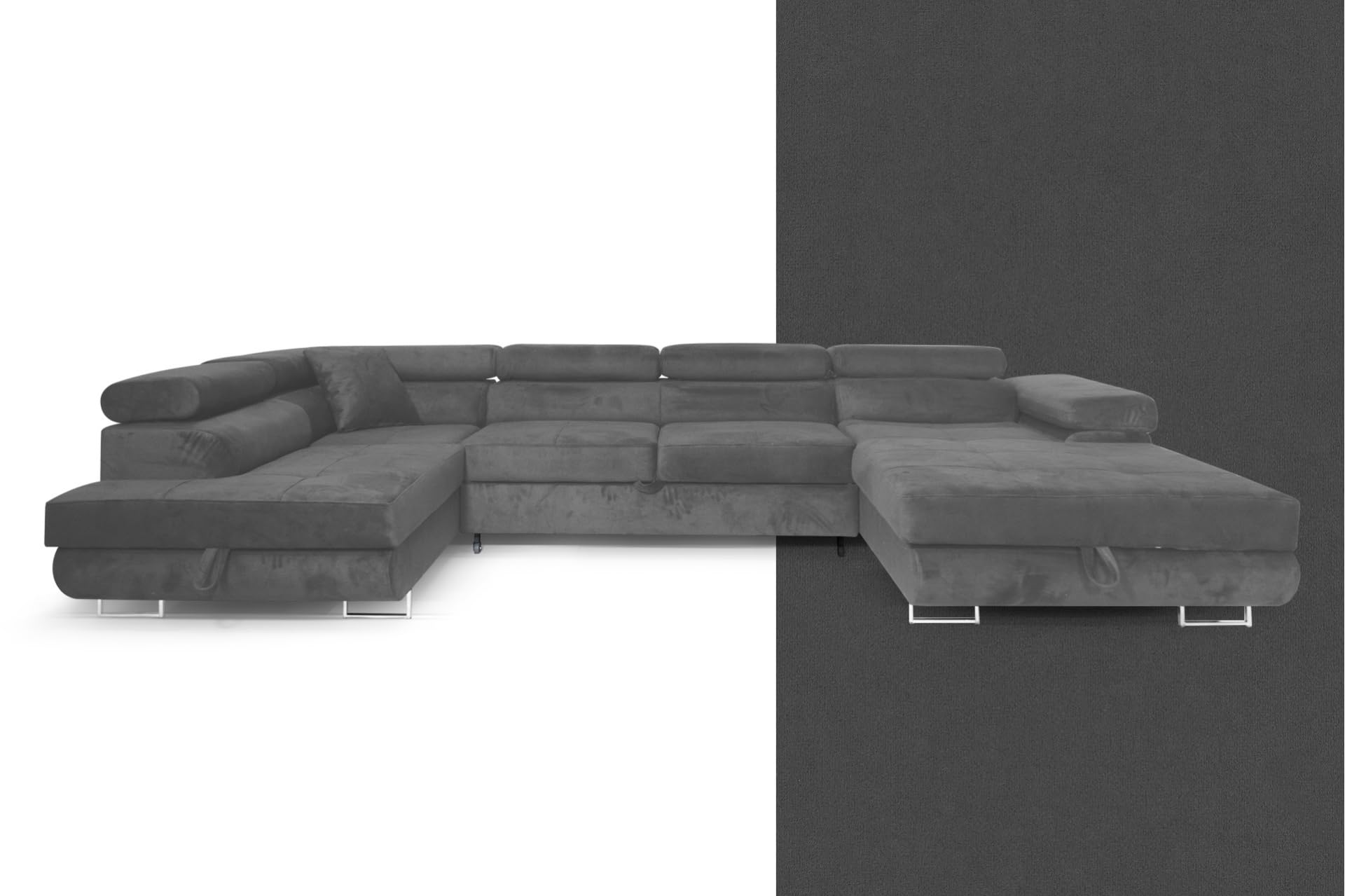 Ecksofa Aller U XXL-Ecksofa mit Schlaffunktion und Zwei Bettkästen in Grau, Linke Seite (Dunkelgrau)