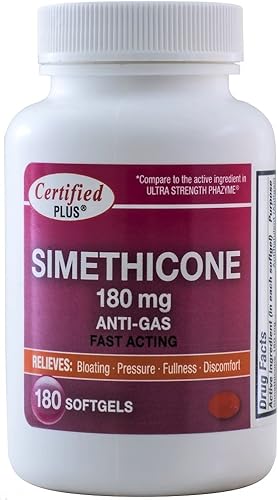 Simeticona 0.0063 oz, 180 cápsulas de gel genérico contra flatulencias, ultra potente, alivio rápido de los gases del estómago y la hinchazón, 1